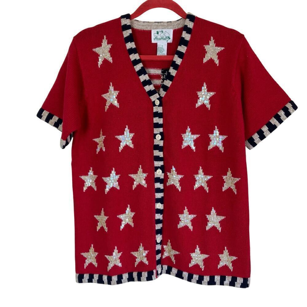 Quacker Factory Vtg USA Flag Short Sleeve Sweater Cardigan Sequins Stars Sz S